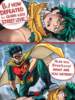 black_hair boku_no_hero_academia bones_(company) boots cape dc_comics dick_grayson freckles green_hair highres injury lying mask messy_hair midoriya_izuku neggoartz robin_(dc) shounen_jump spiked_hair superhero_costume teen_titans warner_bros.