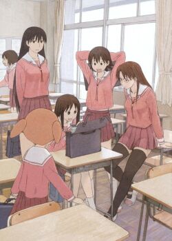 6+girls azuma_kiyohiko azumanga_daioh&#039;s_school_uniform azumanga_daiou bag black_hair brown_eyes brown_hair classroom desk full_body glasses indoors kaori_(azumanga_daioh) kasuga_ayumu long_hair long_sleeves mihama_chiyo mizuhara_koyomi multiple_girls official_art open_mouth orange_hair pink_shirt red_skirt sakaki_(azumanga_daioh) scan school_bag school_desk school_uniform serafuku shirt short_twintails skirt smile takino_tomo thighhighs third-party_source twintails white_background winter_uniform