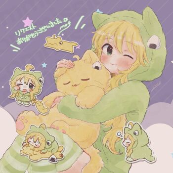Rule 34 | 1girl, animal hood, blonde hair, blush, chibi, chibi inset, closed mouth, commentary request, commission, green eyes, green hoodie, green theme, highres, holding, holding stuffed toy, hood, hoodie, hoshii miki, idolmaster, idolmaster (classic), light smile, long hair, long sleeves, looking at viewer, nekoninaru ne, one eye closed, sitting, skeb commission, solo, striped clothes, striped thighhighs, stuffed animal, stuffed cat, stuffed toy, thighhighs, translation request