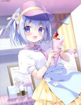 Rule 34 | 1girl, :d, absurdres, apron, artist name, bead bracelet, beads, blue eyes, blue hair, blush, bob cut, bracelet, breasts, cowboy shot, crepe, dengeki moeoh, dutch angle, flower, food, hair between eyes, hair flower, hair ornament, hairpin, hat, highres, holding, holding crepe, holding food, indoors, jewelry, looking at viewer, magazine scan, miyasaka miyu, one side up, open mouth, original, pink nails, puffy short sleeves, puffy sleeves, scan, shirt, short hair, short sleeves, sidelocks, skirt, small breasts, smile, solo, third-party source, waist apron, waitress, white apron, white flower, white shirt, yellow skirt