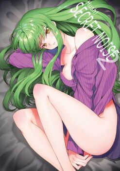 1girl areola_slip bare_legs bed_sheet between_legs breasts c.c. code_geass collarbone creayus from_above green_hair hand_between_legs long_hair long_sleeves looking_at_viewer lying medium_breasts naked_shirt on_side parted_lips purple_shirt shirt solo straight_hair striped_clothes striped_shirt vertical-striped_clothes vertical-striped_shirt very_long_hair yellow_eyes