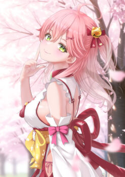 1girl absurdres ahoge arm_at_side bare_shoulders bell blurry blurry_background blush bow breasts cherry_blossoms closed_mouth commentary_request cowboy_shot day depth_of_field detached_sleeves eyebrows_hidden_by_hair eyelashes falling_petals fingernails from_side green_eyes hair_bell hair_between_eyes hair_bow hair_ornament hair_over_shoulder hairclip half_updo hand_up highres hololive index_finger_raised japanese_clothes jingle_bell kimono large_breasts long_fingernails long_hair long_sleeves looking_at_viewer nail_polish nanaki24 nontraditional_miko one_side_up outdoors paw_print petals pink_hair pink_nails print_sash red_bow sakura_miko sash sideboob sideless_kimono sidelocks smile solo spring_(season) tree tsurime virtual_youtuber white_kimono wide_sleeves x_hair_ornament yellow_sash