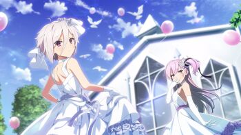 Rule 34 | 2girls, ahoge, back, balloon, bare shoulders, blue eyes, breasts, church, closed mouth, cloud, day, dress, elbow gloves, flower, frown, game cg, gloves, grey hair, hair between eyes, hair ornament, hands up, itomi sayaka, long hair, looking at viewer, looking back, multiple girls, official art, one side up, outdoors, pink hair, purple eyes, short hair, skirt hold, sky, sleeveless, sleeveless dress, small breasts, smug, standing, strapless, strapless dress, toji no miko, toji no miko: kizamishi issen no tomoshibi, tsubakuro yume, wedding dress, white dress, white gloves