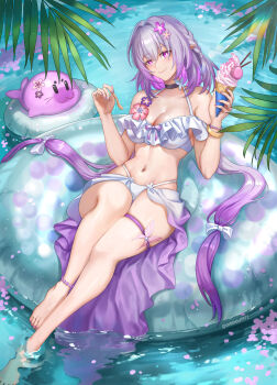 1girl absurdres barefoot bikini breasts castorice_(honkai:_star_rail) closed_mouth debbie_(debbielu9972) feet flower food hair_ornament highres holding holding_ice_cream_cone honkai:_star_rail honkai_(series) ice_cream ice_cream_cone innertube long_hair medium_breasts navel pointy_ears purple_eyes purple_hair smile solo stomach swim_ring swimsuit toes very_long_hair white_bikini
