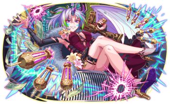 1girl ak-47 aqua_hair armband assault_rifle banknote bare_legs black_armband black_coat black_footwear black_sleeves black_straps blue_outline breasts brick_wall bridal_gauntlets bullet_hole car cel_shading character_request city city_lights cityscape closed_mouth coat colored_shoe_soles colored_tips crash_fever crossed_legs dress facial_mark fingernails fishnet_socks fishnets floral_print floral_print_shoe_soles flower flower_request full_body fur-trimmed_coat fur_collar fur_trim game_cg green_hair grey_fur grey_hair grin gun high_heels holding holding_gun holding_weapon horns kalashnikov_rifle large_breasts long_sleeves mole mole_under_mouth money motor_vehicle multicolored_hair nail_polish no_pants o-ring_strap official_art on_car orange_flower orange_rose outdoors outline petal_print pink_flower ponytail purple_eyes red_dress red_nails red_outline rifle rose saturated shoe_soles short_hair single_horn single_mechanical_wing single_wing sitting smile socks solo syringe tachi-e teeth thigh_strap transparent_background weapon white_wings wings yellow_flower