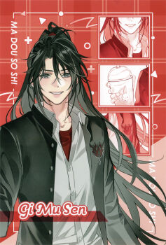 Rule 34 | 1boy, absurdres, ahoge, alternate costume, badge, bishounen, black eyes, black hair, black jacket, border, bubble tea, character name, collarbone, collared shirt, contemporary, copyright name, cup, disposable cup, english text, gakuran, gearous, grey eyes, grin, hair between eyes, high ponytail, highres, holding, holding cup, jacket, long hair, long sleeves, looking at viewer, male focus, modao zushi, multiple views, official art, open clothes, open jacket, parted lips, ponytail, red background, red shirt, school uniform, shirt, sidelocks, smile, solo, third-party source, undershirt, upper body, very long hair, wei wuxian, white shirt