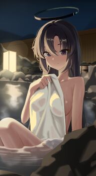 1girl absurdres blue_archive blue_eyes breasts covering_privates halo highres light_smile looking_at_viewer marks_(dmhunsu10) mechanical_halo night nude_cover onsen outdoors partially_submerged purple_eyes purple_hair see-through_silhouette solo steam towel wet wet_towel yuuka_(blue_archive)