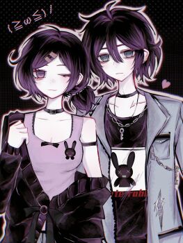 >_< 1boy 1girl ;3 adjusting_clothes aegyo_sal ahoge alternate_costume andrew_graves animal_print anmo418 armpit_crease ashley_graves bangs_pinned_back belt_collar black_armlet black_background black_bow black_cardigan black_choker black_hair black_shirt bow breasts brother_and_sister cardigan cardigan_partially_removed chain chain_necklace chinese_commentary choker chromatic_aberration cleavage collar collarbone collared_jacket commentary_request denim denim_jacket double-parted_bangs earrings emoticon frown green_eyes hair_between_eyes hair_ornament hairclip heart highres jacket jewelry kaomoji key key_necklace long_sleeves looking_at_viewer low_side_ponytail medium_breasts medium_hair messy_hair mole mole_under_eye mole_under_mouth multiple_earrings necklace one_eye_closed outline pale_skin parted_bangs pink_eyes pink_tank_top puffy_long_sleeves puffy_sleeves rabbit_print shirt short_hair siblings single_bare_shoulder single_off_shoulder straight-on stud_earrings tank_top the_coffin_of_andy_and_leyley thick_eyebrows torn_clothes torn_jacket upper_body white_outline x_x