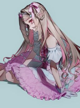 1girl bare_shoulders blue_background blush bow braid braided_hair_rings closed_mouth colored_inner_hair commentary_request criss-cross_halter dress dress_bow dress_flower fang flower frilled_dress frills from_side full_body gloves grey_hair hair_intakes hair_ornament hair_over_shoulder hair_ribbon hair_rings hairclip halterneck heart-shaped_gem highres kurotayan long_hair looking_at_viewer makaino_ririmu multicolored_gloves multicolored_hair nijisanji off-shoulder_dress off_shoulder official_alternate_costume official_alternate_hairstyle pink_bow pink_dress pink_gloves pink_hair pink_ribbon pink_shoes pink_streaks pointy_ears profile red_eyes ribbon shoes side_part side_up_ring sidelocks simple_background sitting smile solo star_(symbol) star_hair_ornament streaked_hair swept_bangs tiara two-tone_dress two-tone_gloves two-tone_hair two_side_up virtual_youtuber white_dress white_gloves yokozuwari