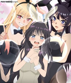 3girls animal_ear_hairband animal_ears black_bow black_bowtie black_hair black_jacket black_leotard black_pantyhose black_thighhighs blonde_hair blue_eyes bow bowtie cloverworks commentary company_connection detached_collar english_commentary fake_animal_ears garter_straps grey_leotard grin hairband highres jacket kaoru_hana_wa_rin_to_saku kitagawa_marin kurigamikun lens_flare leotard long_hair multiple_girls open_mouth pantyhose playboy_bunny purple_eyes rabbit_ears red_eyes round_teeth sakurajima_mai season_connection seishun_buta_yarou smile sono_bisque_doll_wa_koi_wo_suru strapless strapless_leotard teeth thighhighs upper_teeth_only waguri_kaoruko wrist_cuffs
