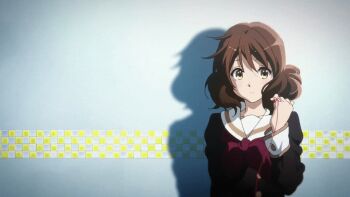 10s 2girls animated animated_gif black_hair brown_hair female_focus hibike!_euphonium kousaka_reina kyoto_animation long_hair multiple_girls oumae_kumiko pinky_out pointing purple_eyes school_uniform smile string string_around_finger string_of_fate surprised upper_body yellow_eyes yuri