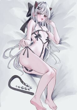 1girl absurdres animal_ears bed bikini black_bikini black_bow bow breasts cat_ears cat_tail character_request commentary_request copyright_request fake_animal_ears fake_tail highres looking_at_viewer m-chai nail_polish original panties pink_eyes pink_nails red_eyes sex_toy small_breasts swimsuit tail underwear variant_set white_background white_hair