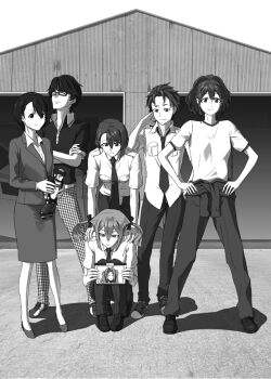 2boys 5girls aqua_eyes belt black_belt black_bow blue_necktie blue_pants bow breast_pocket breasts brown_hair chuo_tanegashima_high_school_uniform collared_shirt daitoku_junna dress formal_clothes glasses green_eyes greyscale hair_between_eyes hair_bow hair_tie hidaka_subaru holding holding_tablet_pc id_card jaxa koujiro_frau lanyard long_hair monochrome multiple_boys multiple_girls multiple_hair_bows necktie open_collar open_mouth pants pocket polo_shirt ponytail robotics;notes school_uniform science_adventure senomiya_akiho shirt shirt_tucked_in shoes short_hair short_sleeves shoulder_boards sidelocks skirt small_breasts smile squatting standing tablet_pc tennouji_nae tennouji_nae_(robotics;notes) twintails ukon_(hadaka_y-shirt_tomo_no_kai) white_shirt yashio_kaito