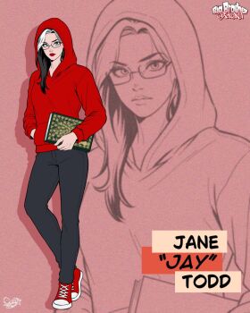 batman_(series) black_hair breasts converse dc_comics denim full_body genderswap genderswap_(mtf) green_eyes highres hood hoodie jeans large_breasts lipstick long_hair long_sleeves makeup multicolored_hair pants red_hoodie shoelaces shoes sneakers streaked_hair sydney_lee_00 white_hair