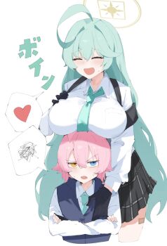 2girls ahoge aqua_hair aqua_necktie blue_archive gurenola halo heart heterochromia highres hoshino_(blue_archive) hoshino_(first_year)_(blue_archive) huge_ahoge multiple_girls necktie pink_hair simple_background speech_bubble translation_request white_background yellow_halo yume_(blue_archive)