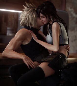 1boy 1girl 3d artist_name bare_arms bare_shoulders black_hair black_skirt black_thighhighs blonde_hair blurry blurry_background breasts cloud_strife couple earrings final_fantasy final_fantasy_vii final_fantasy_vii_remake hand_on_another&#039;s_back hand_on_another&#039;s_chest highres jewelry kissing_cheek large_breasts long_hair ria-neearts sitting sitting_on_lap sitting_on_person skirt sleeveless sleeveless_turtleneck spiked_hair square_enix suspender_skirt suspenders tank_top thighhighs tifa_lockhart turtleneck white_tank_top zettai_ryouiki