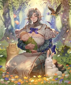 1boy 1girl baby bear bird blue_bow bow breasts bug butterfly carrying carrying_baby carrying_person cleavage commentary_request copyright_name dress flower forest grey_eyes grey_hair huge_breasts ibuki_tsukuba insect kneeling long_dress long_sleeves looking_at_viewer mature_female motherly_forestdweller nature official_art outdoors pink_butterfly pointy_ears rabbit shadowverse shadowverse:_worlds_beyond smile swept_bangs tree_stump white_headdress