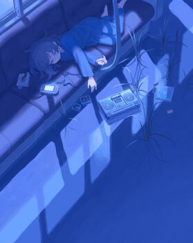 1girl absurdres barefoot blue_theme cassette_tape cd earbuds earphones full_body grey_hair handheld_game_console highres lying messy_hair moonlight muji_(uimss) night official_art on_side original pajamas sleepy solo stereo surreal train_interior water yokaze_games