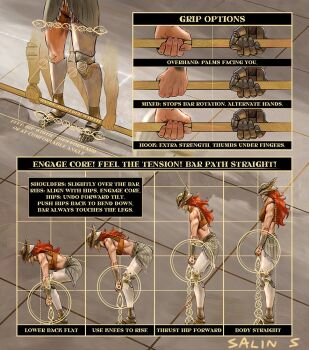 1girl amputee barbell barefoot covered_eyes elden_ring english_text exercising helmet helmet_over_eyes malenia_blade_of_miquella multiple_views muscular muscular_female prosthesis prosthetic_leg red_hair rinboz signature simple_background squat_(exercise) tile_floor tiles winged_helmet workout_clothes