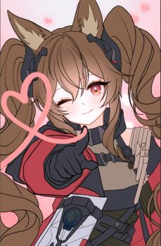Rule 34 | 1girl, :3, angelina (arknights), animal ear fluff, animal ears, arknights, arknights: endfield, bare shoulders, black gloves, brown hair, coat, commentary request, dot nose, drawing on fourth wall, drawn heart, dress, fox ears, fox girl, gilberta (arknights), gloves, grey dress, hair between eyes, heart, high collar, light blush, long hair, long sidelocks, long sleeves, looking at viewer, nekoponart, off shoulder, one eye closed, open clothes, open coat, red coat, red eyes, sidelocks, sleeveless, sleeveless dress, solo, twintails, unfinished, upper body