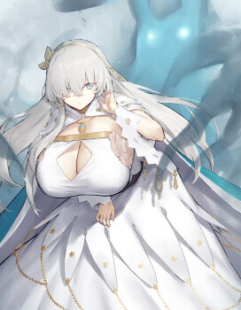 1girl anastasia_(fate) blue_cloak blue_eyes breasts cleavage cloak commentary_request dress fate/grand_order fate_(series) hair_over_one_eye hairband highres huge_breasts jewelry long_hair looking_at_viewer melon22 necklace pendant solo stretched_shirt very_long_hair viy_(fate) white_dress white_hair