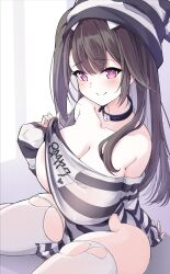 Rule 34 | 1girl, absurdres, azur lane, bare shoulders, black collar, black hair, blush, breasts, cleavage, closed mouth, collar, collarbone, hand rest, hand up, heart, highres, huge breasts, leer.meer, long hair, long sleeves, looking at viewer, official alternate costume, one side up, pamiat merkuria (azur lane), pamiat merkuria (caged minx) (azur lane), pink eyes, prison clothes, sitting, smile, solo, thighhighs, torn clothes, torn thighhighs, white thighhighs