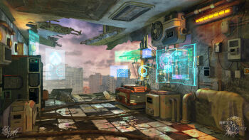 abandoned building cloud cloudy_sky commentary_request dilapidated haguruma_rapt holographic_interface indoors no_humans original post-apocalypse scenery science_fiction sky watermark