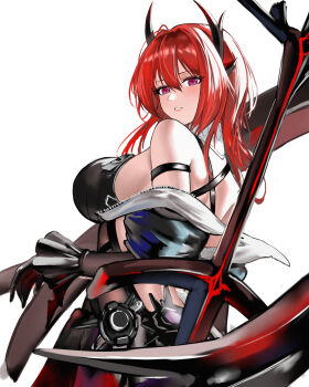 1girl absurdres arknights arknights:_endfield black_dress black_gloves black_wrist_cuffs commentary_request criss-cross_straps dress elbow_gloves from_side gloves hair_between_eyes highres horns hua_hai_qishi laevatain_(arknights) looking_at_viewer medium_hair off_shoulder parted_lips purple_hair red_eyes simple_background solo surtr_(arknights) sword sword_on_back turning_head upper_body weapon weapon_on_back white_background wrist_cuffs