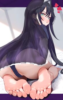 1girl absurdres ass barefoot black_hair blush feet highres leotard long_hair looking_at_viewer looking_back multicolored_eyes parted_lips seiza sitting soles toes uroichi veil