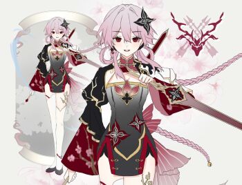 1girl adapted_costume alternate_costume alternate_hairstyle black_dress black_flower black_shoes braid breasts chinese_clothes commentary dress earrings english_commentary evernight_(honkai:_star_rail) floating_hair flower hair_between_eyes hair_flower hair_ornament hair_rings highres holding holding_behind_back holding_sword holding_weapon holding_weapon_behind_back honkai:_star_rail honkai_(series) hunt_symbol_(honkai:_star_rail) jewelry long_hair looking_at_viewer march_7th_(honkai:_star_rail) march_7th_(hunt)_(honkai:_star_rail) medium_breasts open_mouth pink_hair red_eyes reverse_grip self_cosplay shoes short_dress single_earring smile straight-on sword thighhighs twin_braids very_long_hair weapon white_thighhighs wide_sleeves xnoahru zoom_layer