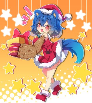 1girl :d absurdres animal_ears arzuros bear_ears blue_hair blush boots bow box breasts christmas claws commentary_request double-parted_bangs dress full_body fur-trimmed_boots fur-trimmed_dress fur_trim gift gift_box hair_between_eyes hat highres holding holding_gift large_breasts looking_at_viewer milkpanda monster_hunter_(series) open_mouth outline panties pantyshot personification red_boots red_bow red_dress red_eyes red_hat santa_costume santa_dress santa_hat short_hair sleeveless sleeveless_dress smile solo standing star_(symbol) tail underwear white_outline white_panties yellow_background