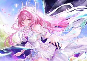 1girl bare_shoulders breasts closed_mouth commentary cyrene_(honkai:_star_rail) cyrene_(ripples_of_past_reverie)_(honkai:_star_rail) dress fingernails gradient_hair hair_ornament halo highres honkai:_star_rail honkai_(series) jewelry large_breasts long_hair multicolored_hair nail_polish pink_eyes pink_hair pink_nails pointy_ears ring smile solo split_theme vardan white_dress