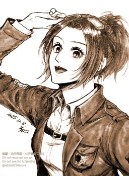 1girl absurdres adjusting_eyewear breasts brown_hair brown_jacket chest_strap collared_shirt dated eyewear_on_head glasses hange_zoe highres jacket medium_breasts medium_hair military_jacket open_mouth parted_bangs ponytail sepia shingeki_no_kyojin shirt sign smile solo survey_corps_(emblem) twitter_username white0310score white_background white_shirt