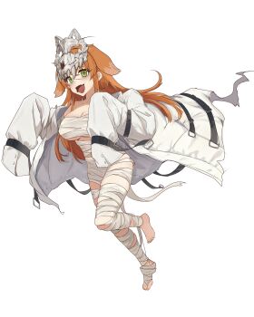 1girl :d absurdres animal_ears bandages barefoot breasts brown_hair commission fang full_body green_eyes highres large_breasts long_hair looking_at_viewer mask mask_on_head mummy_costume naked_bandage open_mouth original oversized_clothes paper_box second-party_source skin_fang skull_mask sleeves_past_fingers sleeves_past_wrists smile solo straitjacket white_background