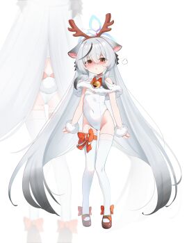 1girl :t absurdly_long_hair alternate_costume animal_ears antler_hairband antlers ass bell black_ribbon black_streaks blue_archive blue_halo blush bow bow_shoes bowtie breasts brown_hairband capelet clenched_hand closed_mouth cocokawa_(cjsj8353) covered_navel crossed_bangs dot_nose fake_animal_ears fake_antlers fake_tail floppy_ears from_behind full_body furrowed_brow gluteal_fold grey_hair hair_between_eyes hair_over_shoulder hair_ribbon hairband half-closed_eyes halo highleg highleg_leotard highres jingle_bell kokona_(blue_archive) large_bow leg_ribbon leotard loli long_hair looking_at_viewer multicolored_hair multiple_views orange_eyes pout puff_of_air rabbit_tail red_bow red_bowtie reindeer_antlers ribbon sidelocks small_breasts solo standing strapless strapless_leotard streaked_hair sweatdrop tail thigh_bow thigh_ribbon thigh_strap thighhighs tiger_ears tiger_girl very_long_hair white_capelet white_leotard white_thighhighs wrist_cuffs zettai_ryouiki zoom_layer
