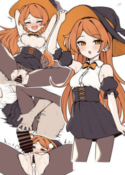 1boy 1girl :o after_vaginal aftersex arm_up bar_censor binsen black_skirt black_sleeves blush bow bowtie breasts breasts_out brown_pantyhose censored closed_eyes cowboy_shot cum cum_in_pussy detached_sleeves halloween_costume hat hetero high-waist_skirt highres idolmaster idolmaster_million_live! long_hair looking_at_viewer missionary multiple_views nipples ogami_tamaki open_mouth orange_bow orange_bowtie orange_eyes orange_hair pantyhose penis puffy_detached_sleeves puffy_sleeves pussy sex shirt simple_background skirt sleeveless sleeveless_shirt standing torn_clothes torn_pantyhose vaginal white_background white_shirt witch witch_hat