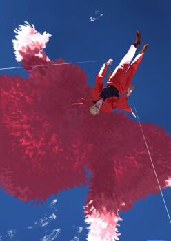 1boy black_shirt blue_background coat donquixote_doflamingo earrings flying formal_clothes impossible_clothes jewelry male_focus necktie official_art one_piece open_mouth pants pink_coat red_necktie red_pants red_suit shirt suit sunglasses thread tongue tongue_out upside-down