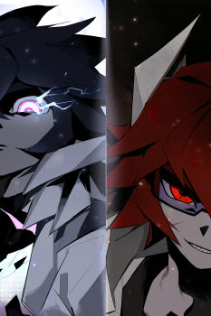 2boys absurdres ah_211 aotu_world black_hair black_shirt chinese_commentary glowing glowing_eyes goggles grin headgear highres jacket looking_at_viewer male_focus moon multiple_boys pius_(aotu_world) purple_eyes ray_(aotu_world) red_eyes red_hair scar scar_on_face sharp_teeth shirt short_hair smile spiked_hair split_screen teeth upper_body white_jacket