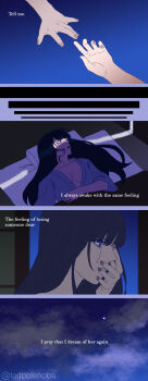 Rule 34 | 2girls, alternate costume, alternate universe, asmoday (genshin impact), blue background, blunt bangs, breasts, cleavage, close-up, cloud, cloudy sky, commentary, couple, crying, crying with eyes open, english commentary, english text, from side, genshin impact, hair down, highres, indoors, long sleeves, multiple girls, night, outdoors, purple eyes, purple hair, purple nails, raiden shogun, reaching, reaching towards another, robe, sad, shade, sky, tadpoleboba, tears, upper body, wide-eyed, yuri