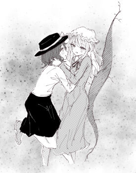 2girls absurdres black_hat black_skirt blonde_hair blush bow brown_hair collar commentary crack dress dress_ribbon gap_(touhou) greyscale hands_on_another&#039;s_neck hat hat_bow highres kashiwada_kiiho long_dress long_hair looking_at_another maribel_hearn mob_cap monochrome multiple_girls open_mouth shirt shoes short_hair skirt standing standing_on_one_leg touhou usami_renko white_bow white_collar white_hat white_shirt yuri