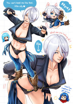 1boy 2girls abs angel_(kof) backless_pants black_jacket black_panties blue_eyes blue_hair blunt_bangs boots bra breasts chaps claw_pose cleavage collarbone commentary cowboy_boots crop_top cropped_jacket drawn_ears drawn_whiskers english_commentary english_text fingerless_gloves full_body gloves goggles goggles_on_head grid_background hair_between_eyes hand_on_own_hip highres jacket kd_kaewdesu krohnen kula_diamond large_breasts laughing leaning_forward leather leather_jacket long_hair looking_at_viewer medium_hair midriff motion_lines multiple_girls multiple_views muscular muscular_female navel nyan panties pants parted_bangs parted_lips pink_nails pointing pointing_at_viewer short_hair simple_background smile solo_focus speech_bubble stomach strapless strapless_bra the_king_of_fighters the_king_of_fighters_xv twitter_username underwear white_background white_hair