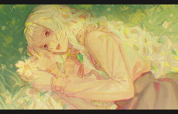 Rule 34 | 1girl, absurdres, blonde hair, bloom, brooch, chromatic aberration, close-up, colored eyebrows, colored eyelashes, commentary, day, flower, frilled shirt, frilled sleeves, frills, from above, high-waist skirt, highres, jewelry, light particles, lips, long hair, looking at flowers, looking at object, lying, on grass, on side, original, outdoors, parted lips, red eyes, shirt, short bangs, sidelocks, signature, skirt, solo, suidrawsui, upper body, wavy hair, white flower