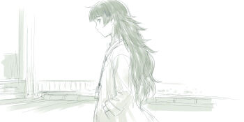 1girl blunt_bangs from_side green_eyes green_hair hands_in_pockets highres hiyajou_maho lab_coat long_hair looking_at_viewer menomorute messy_hair science_adventure sideways_glance solo steins;gate steins;gate_0 very_long_hair