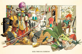1990s_(style) 2boys 2girls accident armor artist_name bike_shorts blonde_hair blue_eyes book book_stack bookshelf cable cape chair chrono_trigger clock clock_tower closed_eyes crono_(chrono_trigger) feet_on_table frog_(chrono_trigger) frog_boy gloves high_ponytail highres holding holding_tray indoors katana long_hair lucca_ashtear marle_(chrono_trigger) multiple_boys multiple_girls non-web_source official_art on_chair open_mouth pencil_behind_ear ponytail purple_hair red_hair retro_artstyle robo_(chrono_trigger) robot sheath sheathed short_hair single_glove sitting sleeping spiked_hair standing sword toriyama_akira tower traditional_media tray tripping unworn_armor weapon yellow_gloves