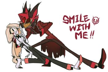 1boy 1girl alastor_(hazbin_hotel) black_eyes black_hair blonde_hair charlie_morningstar colored_sclera commentary english_text formal_clothes grin hand_on_another's_shoulder hazbin_hotel hellaverse long_hair monocle multicolored_hair red_eyes red_hair sharp_teeth short_hair simple_background skinny smile suit symbol-only_commentary teeth torikago_0226 white_background yellow_sclera