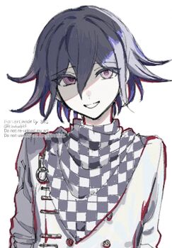 Rule 34 | 1boy, buttons, checkered clothes, checkered neckerchief, checkered scarf, commentary, danganronpa (series), danganronpa v3: killing harmony, flipped hair, hair between eyes, highres, kinokodykf, long sleeves, male focus, neckerchief, oma kokichi, purple eyes, purple hair, scarf, short hair, simple background, smile, smirk, solo, twitter username, two-tone scarf, upper body, watermark, white background