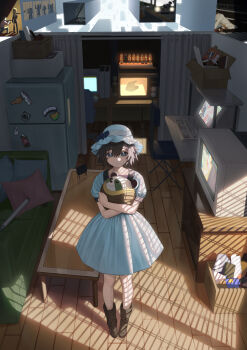 1girl absurdres black_hair blue_bow blue_dress blue_hat boots bow box brown_boots cardboard_box chair claymore_(mine) closed_mouth commentary computer couch cut-away dr_pepper dress explosive from_above full_body green_eyes hat hat_bow highres holding holding_stuffed_toy indoors looking_at_viewer magnet microwave mine_(weapon) monitor naruto_maki_(naruto05) office_chair pillow puffy_short_sleeves puffy_sleeves refrigerator refrigerator_magnet science_adventure shiina_mayuri short_dress short_hair short_sleeves solo spoilers steins;gate stuffed_animal stuffed_toy swivel_chair table television upa_(steins;gate) window_shadow wooden_floor