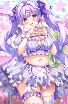 1girl :d apron blush bow breasts brown_eyes cleavage cleavage_cutout clothing_cutout commentary_request crop_top frilled_apron frilled_bow frilled_skirt frills hair_bow hair_intakes hair_ornament hairclip hands_up heart heart_cutout heart_hair_ornament heart_hands highres kouta. long_hair looking_at_viewer medium_breasts midriff nail_polish navel open_mouth original pink_bow puffy_short_sleeves puffy_sleeves purple_bow purple_hair rainbow_hair_ornament shirt short_sleeves single_thighhigh skindentation skirt smile solo star_(symbol) star_hair_ornament striped_clothes striped_shirt striped_skirt thighhighs twintails twitter_username vertical-striped_clothes vertical-striped_shirt vertical-striped_skirt very_long_hair waist_apron white_apron white_thighhighs