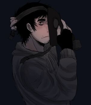 Rule 34 | 1boy, adjusting clothes, adjusting headwear, bags under eyes, black hair, cry of fear, facial hair, from side, gas mask, goatee stubble, grey hoodie, hand on own head, holding, holding mask, hood, hood down, hoodie, looking at viewer, male focus, mask, raykills, red pupils, short hair, simon henriksson, solo, stubble, upper body