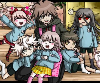 2girls 4boys ? aged_down ahoge apron blush brown_hair cheek_poking closed_eyes danganronpa_(series) danganronpa_2:_goodbye_despair enoshima_junko green_eyes heart hinata_hajime kamukura_izuru kindergarten_uniform komaeda_nagito monokuma monomi_(danganronpa) multiple_boys multiple_girls naegi_makoto nanami_chiaki nose_bubble official_style pink_apron pink_hair poking rabbit red_eyes sleeping spoken_question_mark tezurumozuru twintails white_hair